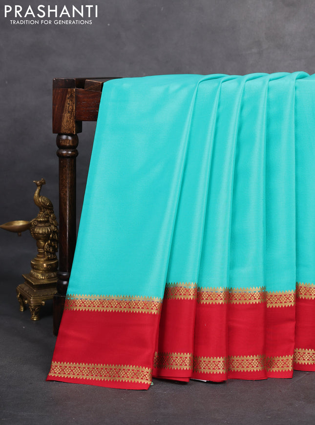 Pure mysore silk saree teal blue and red with plain body and rettapet zari woven border