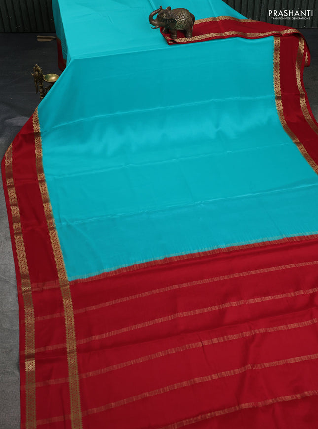 Pure mysore silk saree teal blue and red with plain body and rettapet zari woven border