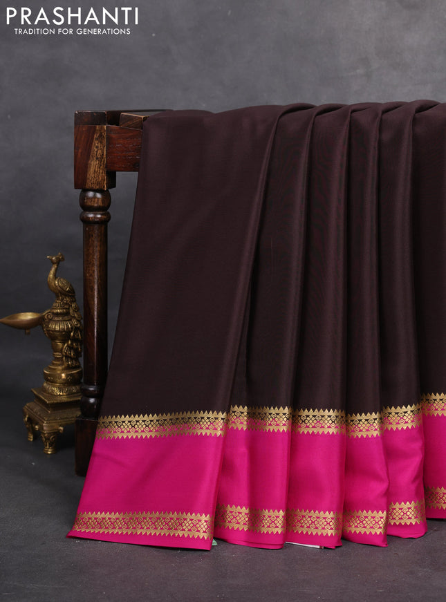 Pure mysore silk saree coffee brown and pink with plain body and rettapet zari woven border