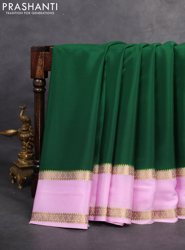 Pure mysore silk saree bottle green and lotus pink with plain body and rettapet zari woven border