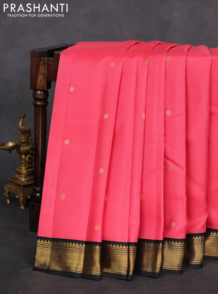 Pure kanchipuram silk saree peach pink and black with zari woven buttas and zari woven korvai border
