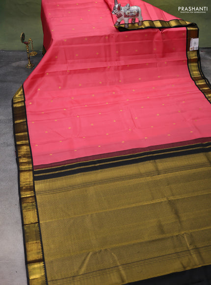Pure kanchipuram silk saree peach pink and black with zari woven buttas and zari woven korvai border