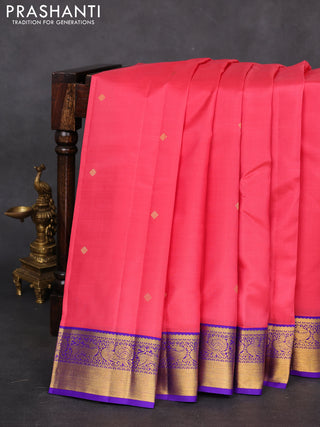 Pure kanchipuram silk saree peach pink and violet with zari woven buttas and zari woven korvai border