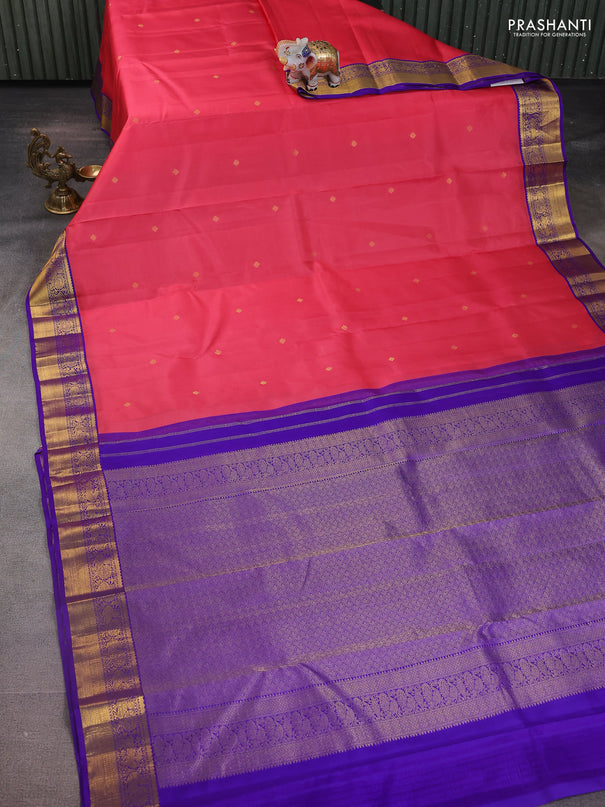 Pure kanchipuram silk saree peach pink and violet with zari woven buttas and zari woven korvai border