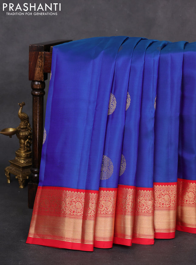 Pure kanchipuram silk saree dual shade of blue and red with zari woven buttas and zari woven korvai border