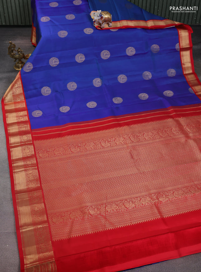 Pure kanchipuram silk saree dual shade of blue and red with zari woven buttas and zari woven korvai border