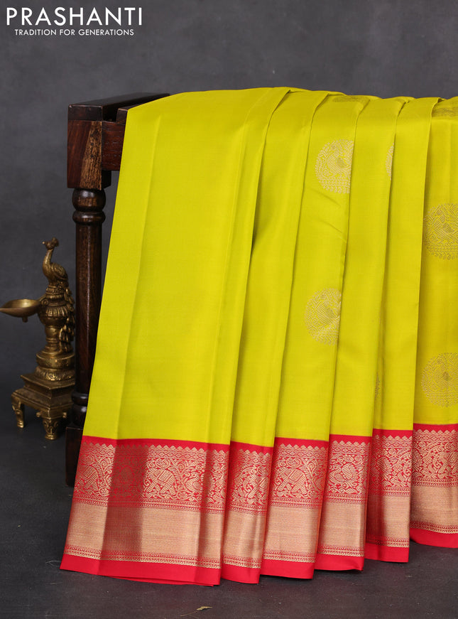 Pure kanchipuram silk saree lime yellow and red with zari woven buttas and zari woven korvai border