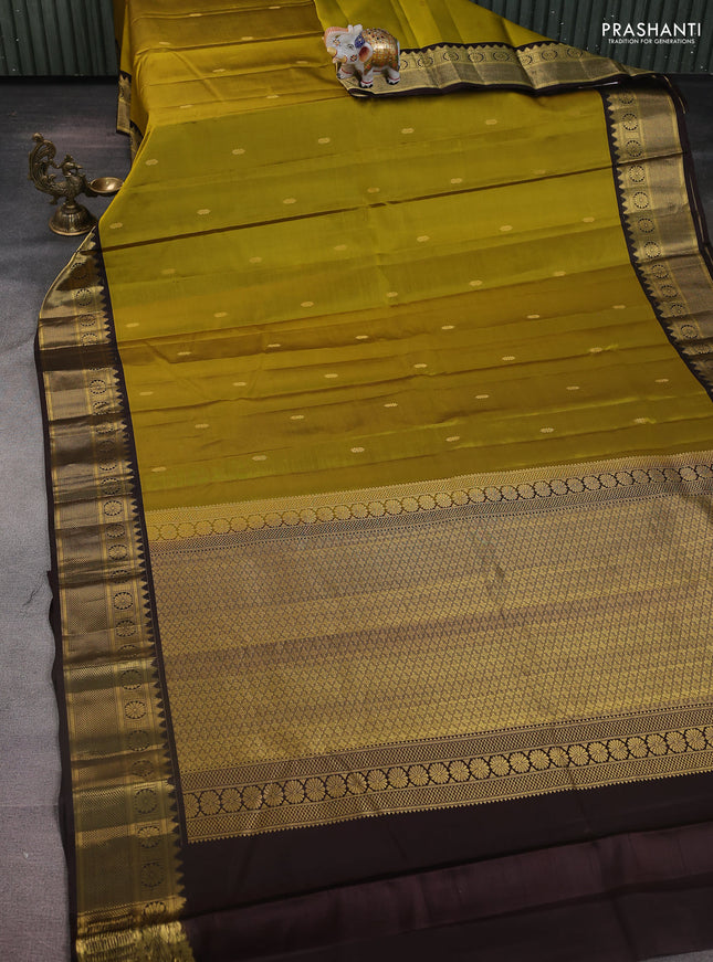Pure kanchipuram silk saree mehendi green and coffee brown with zari woven buttas and zari woven border