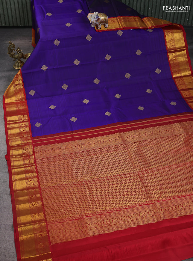 Pure kanchipuram silk saree blue and red with zari woven buttas and zari woven korvai border