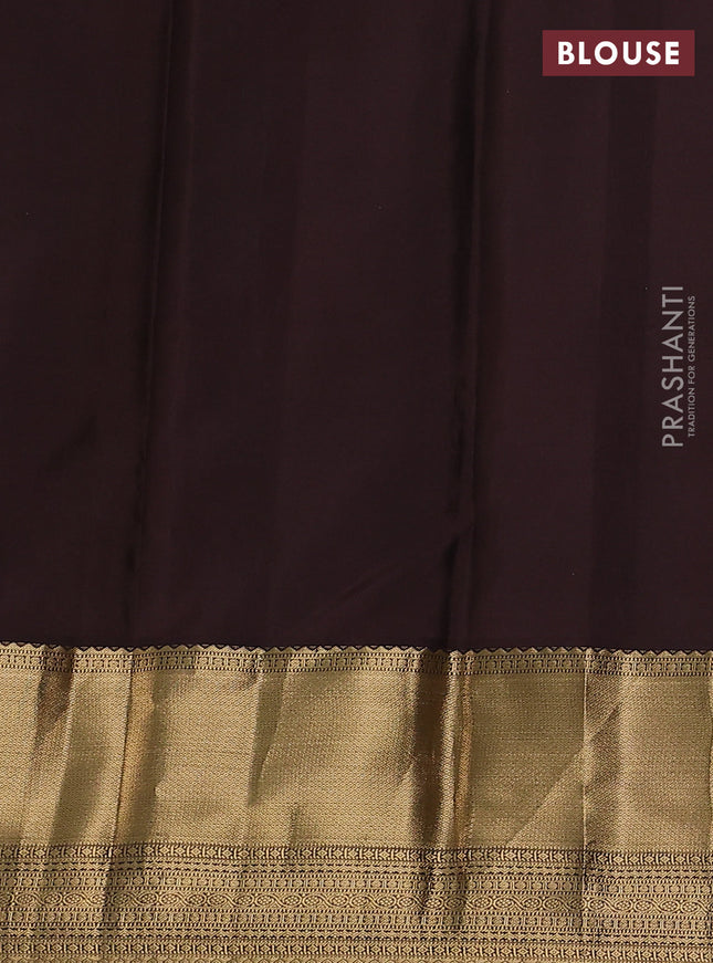 Pure kanchipuram silk saree green and coffee brown with allover small zari checked pattern and long zari woven border