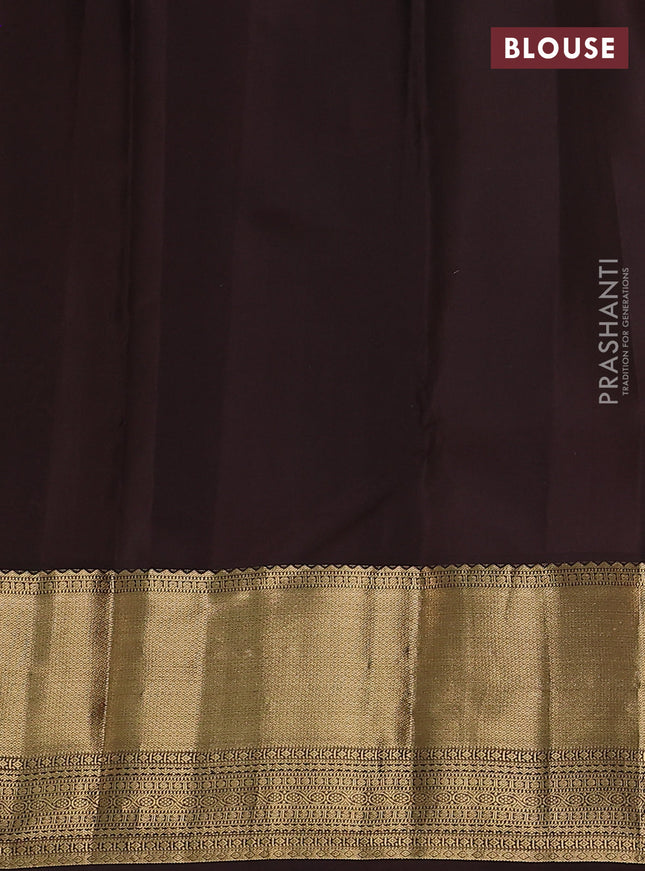 Pure kanchipuram silk saree mehendi green and coffee brown with allover small zari checked pattern and long zari woven border