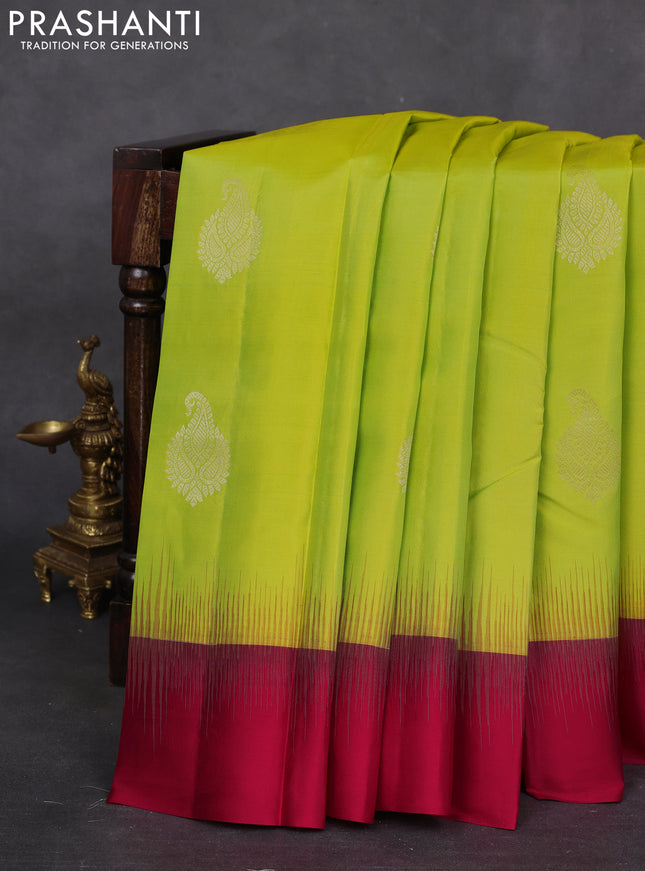 Pure kanchipuram silk saree dual shade of light green and red with zari woven buttas and simple border