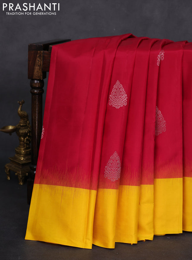 Pure kanchipuram silk saree reddish pink and yellow with silver zari woven buttas and simple border