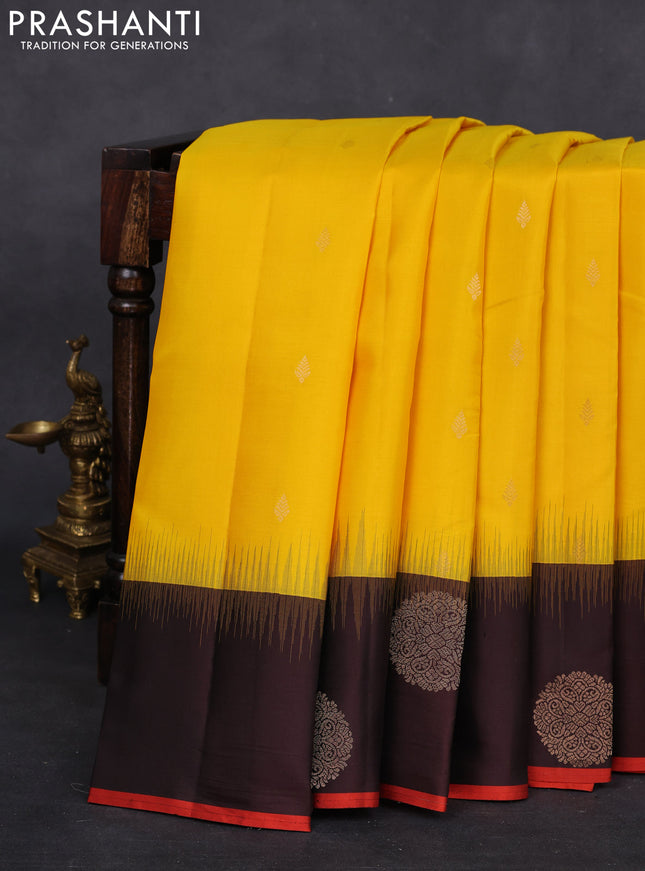 Pure kanchipuram silk saree yellow and coffee brown with zari woven buttas and zari woven border