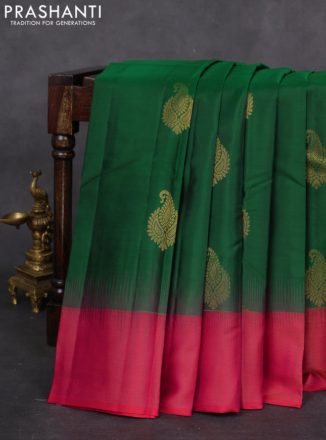 Pure kanchipuram silk saree green and dual shade of pinkish orange with zari woven buttas and zari woven border