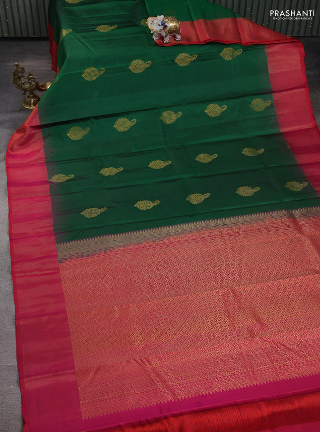 Pure kanchipuram silk saree green and dual shade of pinkish orange with zari woven buttas and zari woven border