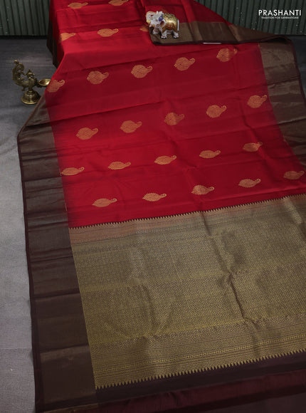 Pure kanchipuram silk saree red and brown with zari woven buttas and zari woven border