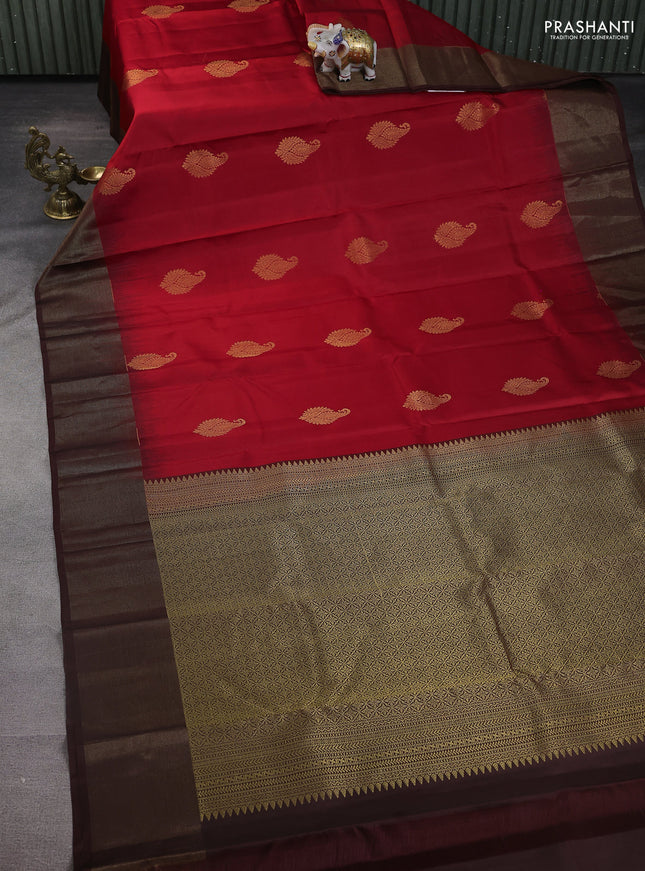 Pure kanchipuram silk saree red and brown with zari woven buttas and zari woven border