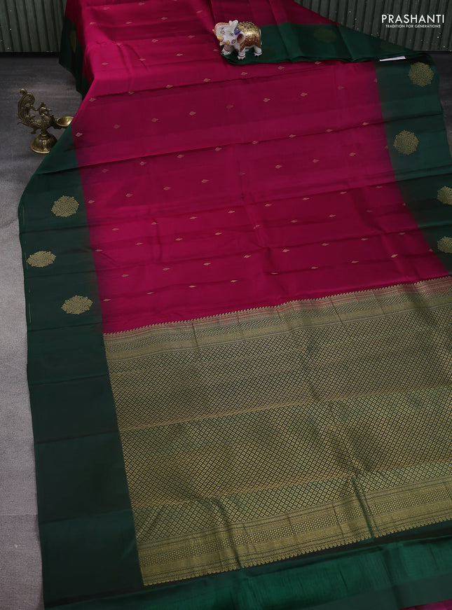 Pure kanchipuram silk saree pink and bottle green with zari woven buttas and zari woven butta border