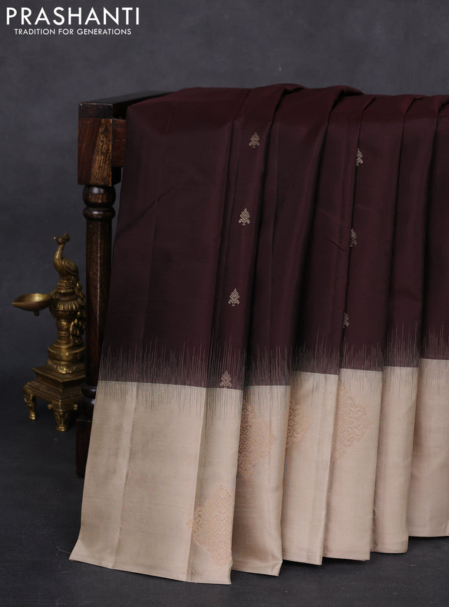 Pure kanchipuram silk saree coffee brown and elaichi green with zari woven buttas and zari woven butta border