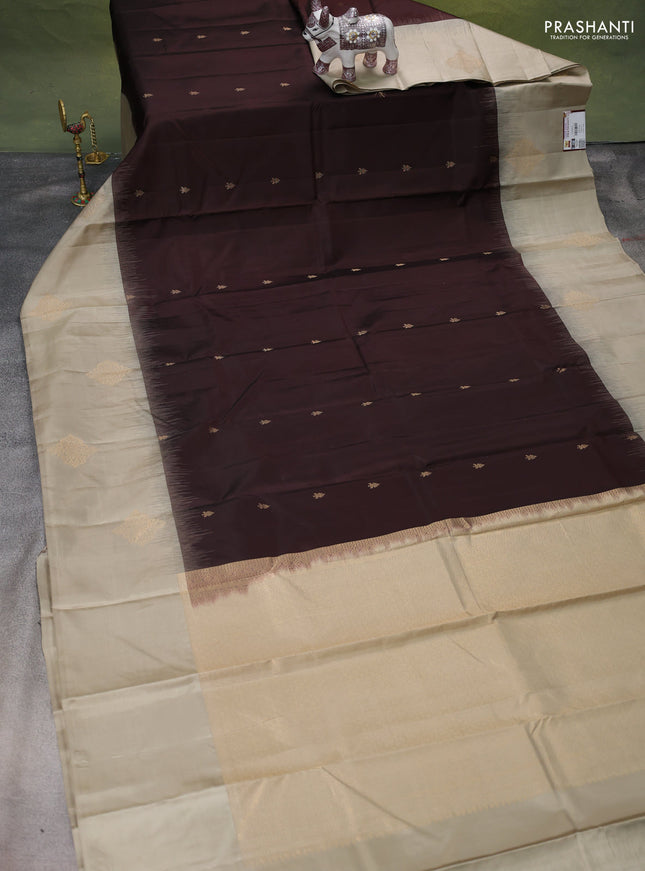 Pure kanchipuram silk saree coffee brown and elaichi green with zari woven buttas and zari woven butta border