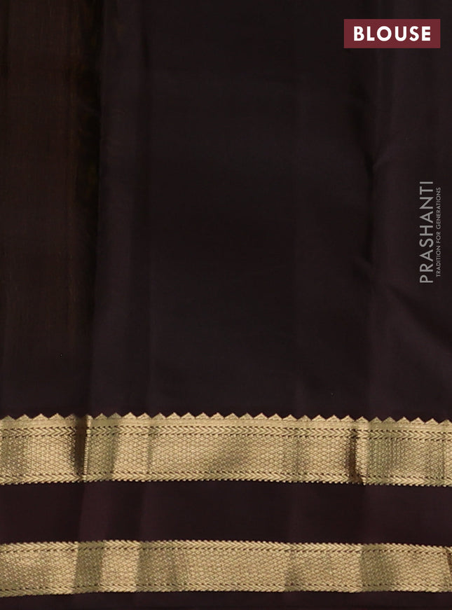 Pure kanchipuram silk saree yellow and coffee brown with zari woven buttas and rettpat zari woven korvai border