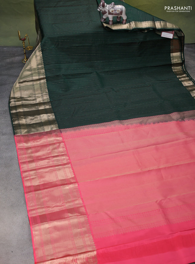 Pure kanchipuram silk saree bottle green and peach pink with allover zari weaves and long zari woven border