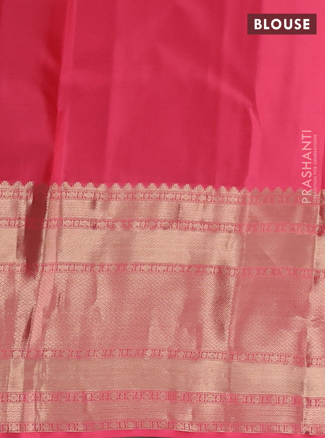 Pure kanchipuram silk saree bottle green and peach pink with allover zari weaves and long zari woven border