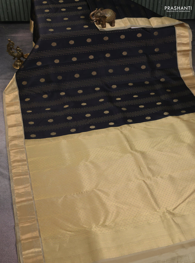 Pure kanchipuram silk saree black and khaki shade with allover zari weaves & buttas and zari woven korvai border