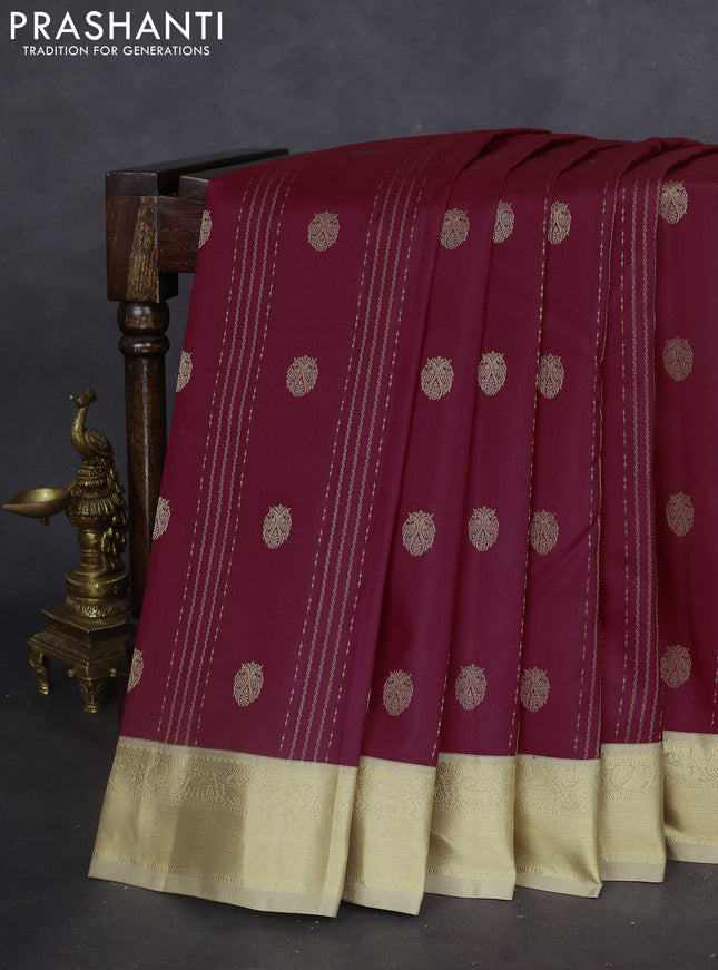Pure kanchipuram silk saree maroon and khaki shade with allover zari weaves & buttas and zari woven korvai border