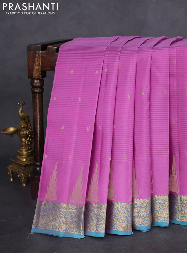 Pure kanchipuram silk saree lavender shade and teal blue with zari woven buttas and temple design zari woven border