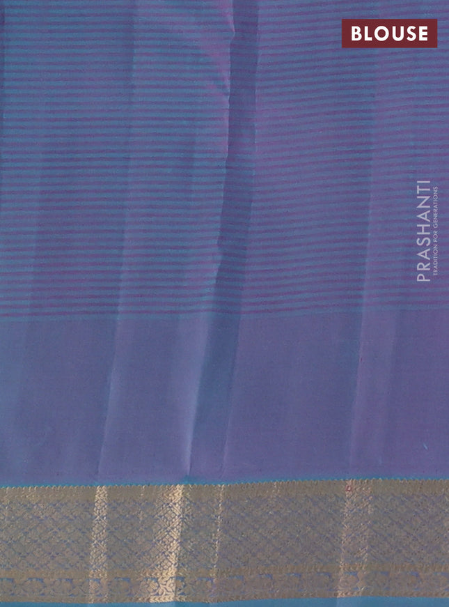 Pure kanchipuram silk saree lavender shade and teal blue with zari woven buttas and temple design zari woven border