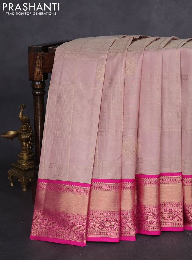 Pure kanchipuram silk saree pastel pink and pink with allover zari checks & buttas and rich zari woven korvai border
