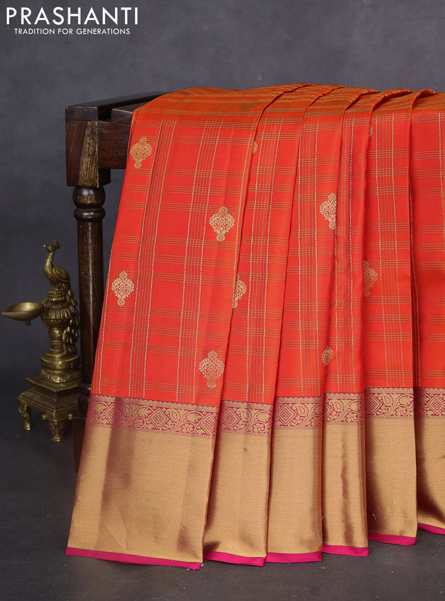 Pure kanchipuram silk saree orange and pink with allover zari checks & buttas and rich zari woven border