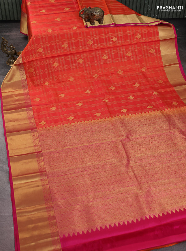 Pure kanchipuram silk saree orange and pink with allover zari checks & buttas and rich zari woven border
