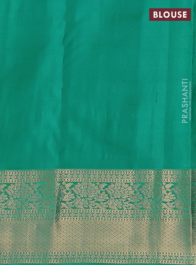 Pure kanchipuram silk saree black and teal green with allover zari checks & buttas and zari woven korvai border