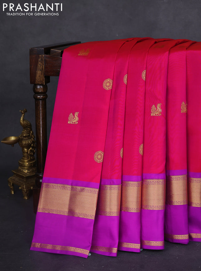 Pure kanchipuram silk saree pink and purple with zari woven buttas and long rettapet zari woven border