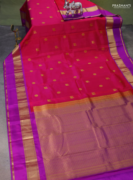 Pure kanchipuram silk saree pink and purple with zari woven buttas and long rettapet zari woven border