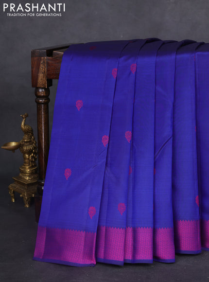 Pure kanchipuram silk saree blue and purple with thread woven buttas and thread woven border
