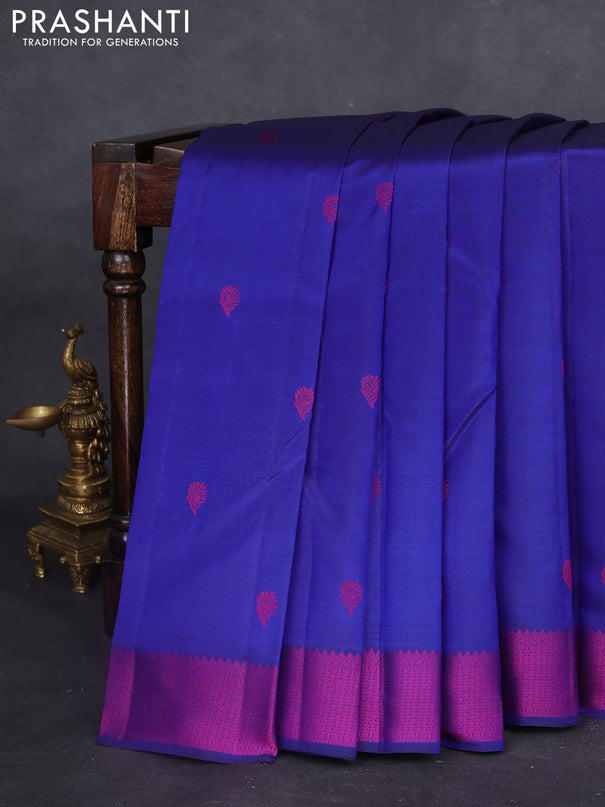 Pure kanchipuram silk saree blue and purple with thread woven buttas and thread woven border