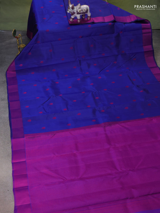 Pure kanchipuram silk saree blue and purple with thread woven buttas and thread woven border