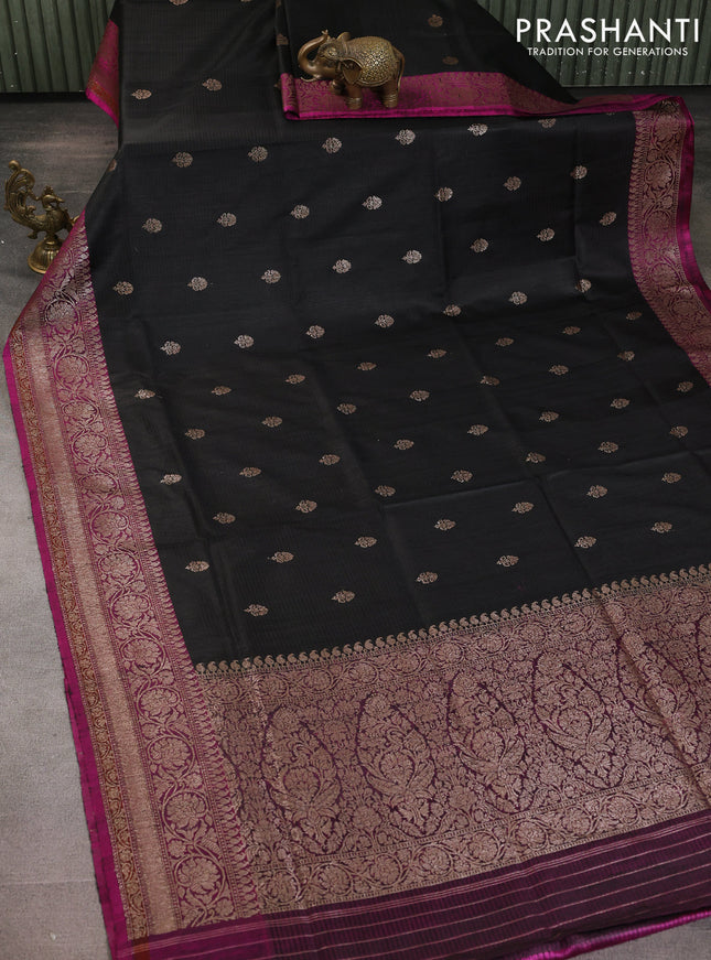 Banarasi dupion silk saree black and purple with thread & zari woven floral buttas and woven border