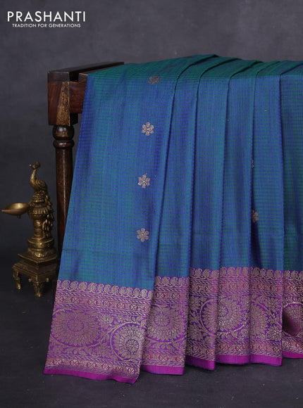 Banarasi dupion silk saree dual shade of bluish green and purple with thread & zari woven floral buttas and woven border
