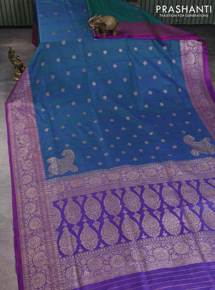 Banarasi dupion silk saree dual shade of bluish green and purple with thread & zari woven floral buttas and woven border