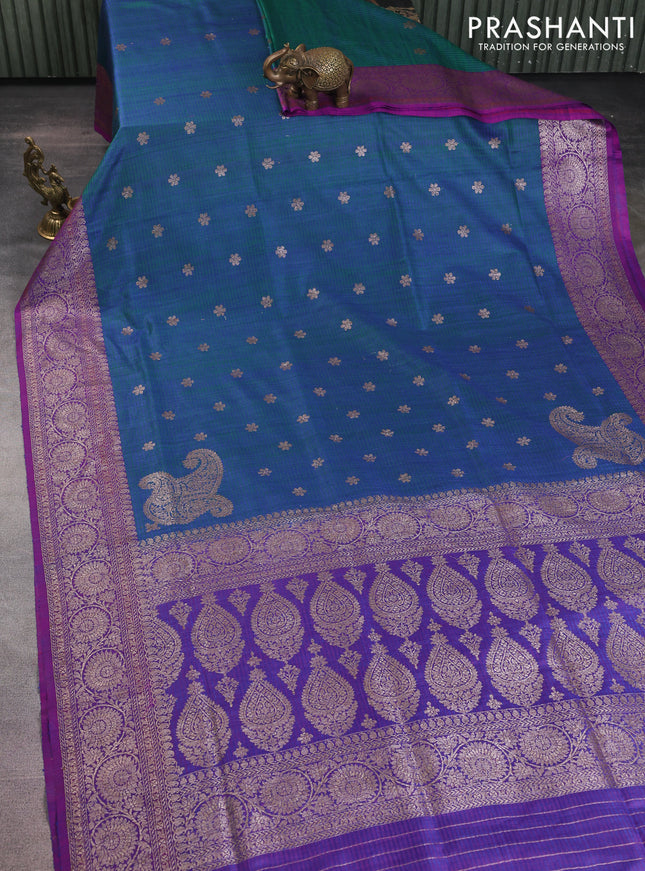 Banarasi dupion silk saree dual shade of bluish green and purple with thread & zari woven floral buttas and woven border