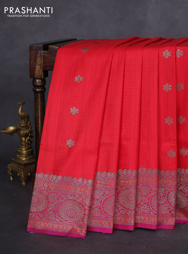 Banarasi dupion silk saree red and dual shade of purple with thread & zari woven floral buttas and woven border