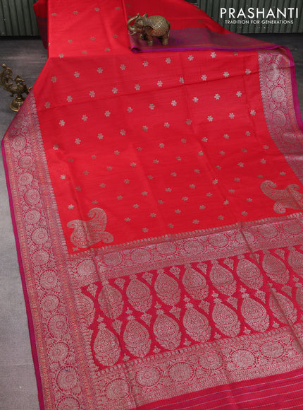Banarasi dupion silk saree red and dual shade of purple with thread & zari woven floral buttas and woven border
