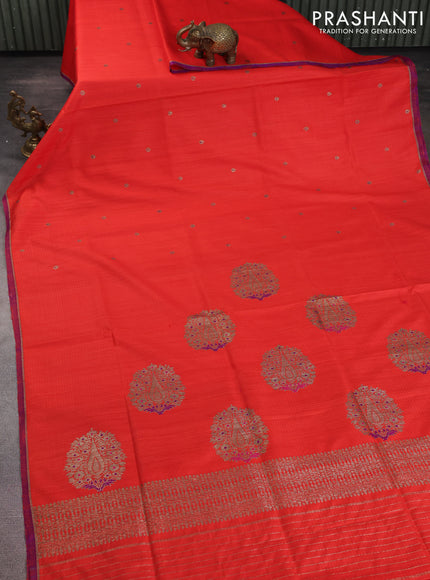 Banarasi dupion silk saree orange and purple with woven buttas and piping border