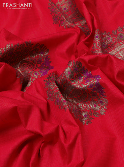 Banarasi dupion silk saree orange and purple with woven buttas and piping border