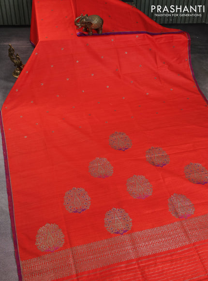 Banarasi dupion silk saree orange and purple with woven buttas and piping border
